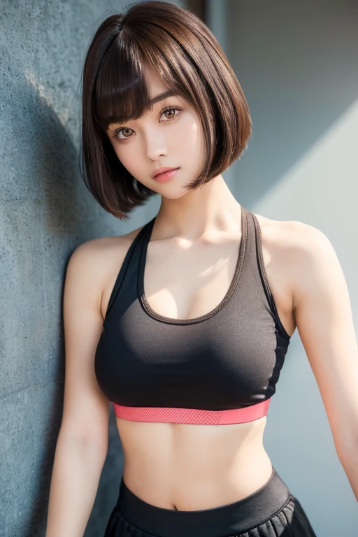 1 girl, ((Please wear a sports bra and skirt)), ((beautiful girl)), ((Beautiful brown hair)), ((bob haircut)), ((With bangs)), ((cute face)), ((Beautiful big eyes)), ((big breasts)), ((Beautiful big ass)),