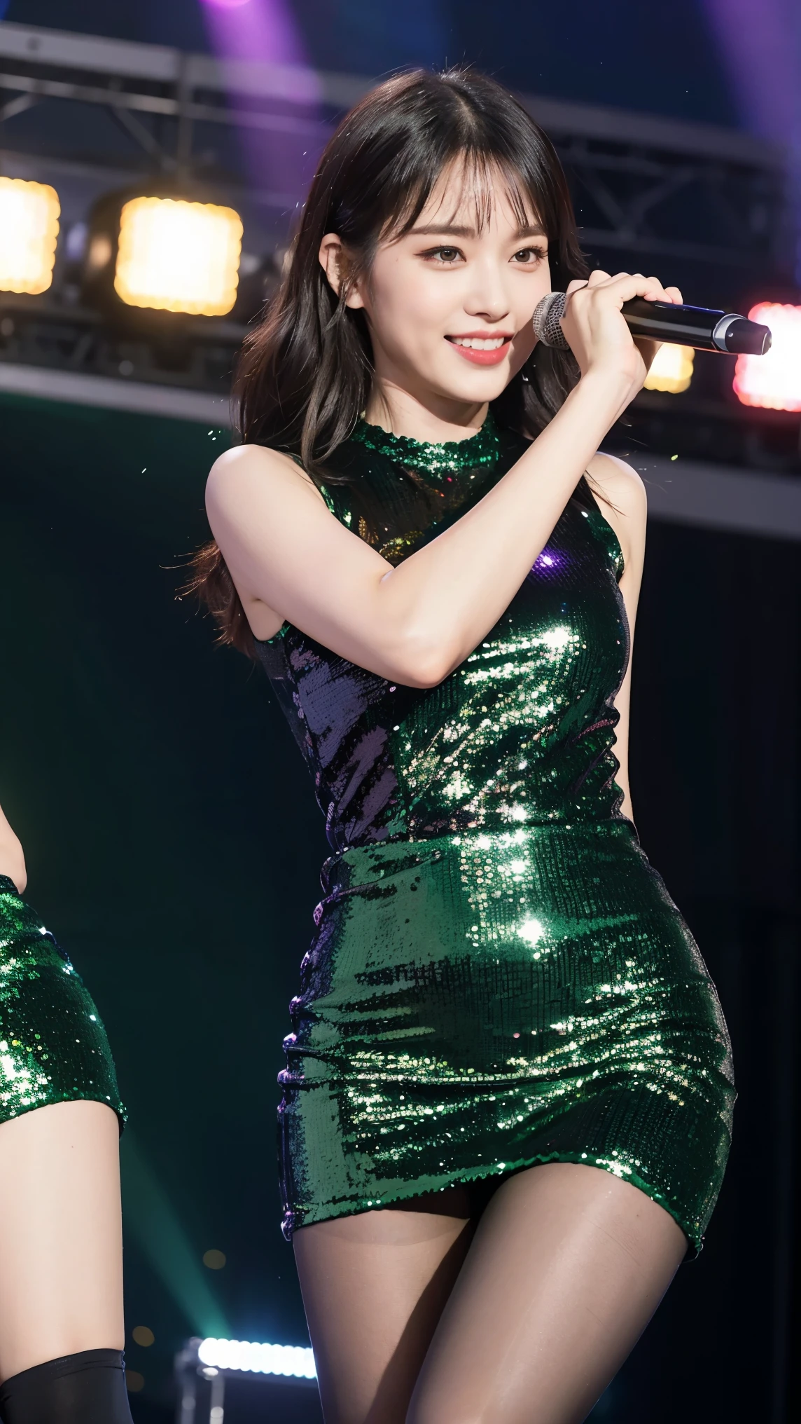 (8K), (highest quality: 1.2), (realistic), (realistic: 1.47), ultra high resolution, 1 girl, cute, smile, closed mouth, (thick lips:1.2),red lip,(Purse your mouth),beautiful details, beautiful nose,thin body,Dancing on the concert stage,(Straight shiny black hair),(dark green sequin dress,sleeveless dress,tights:1.2),(tightsにクローズアップ:1.2),(knees),(super low angle:1.2),(medium shot),