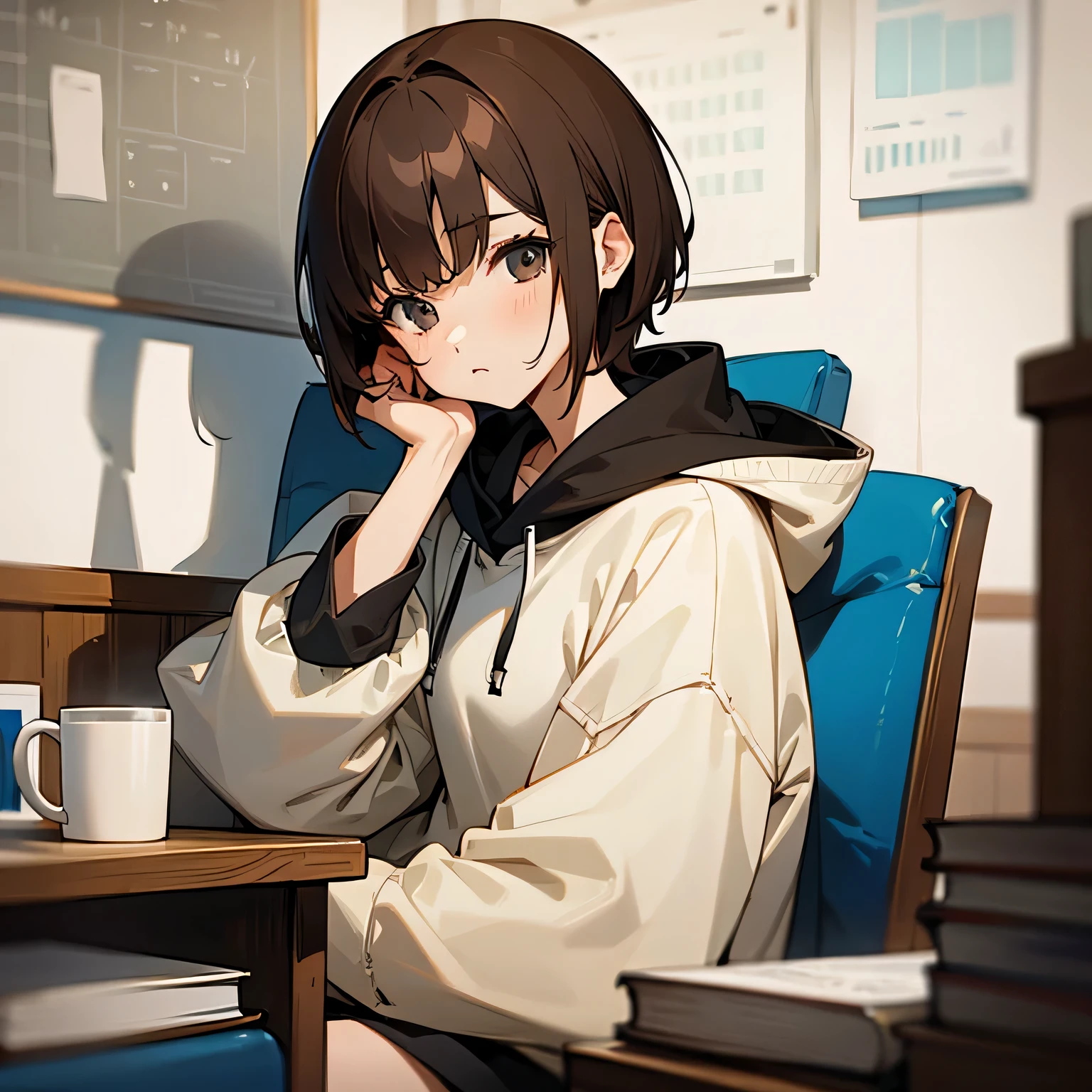 woman、brown hair、short hair、hoodie、sit、thinking、math、Mug、Book