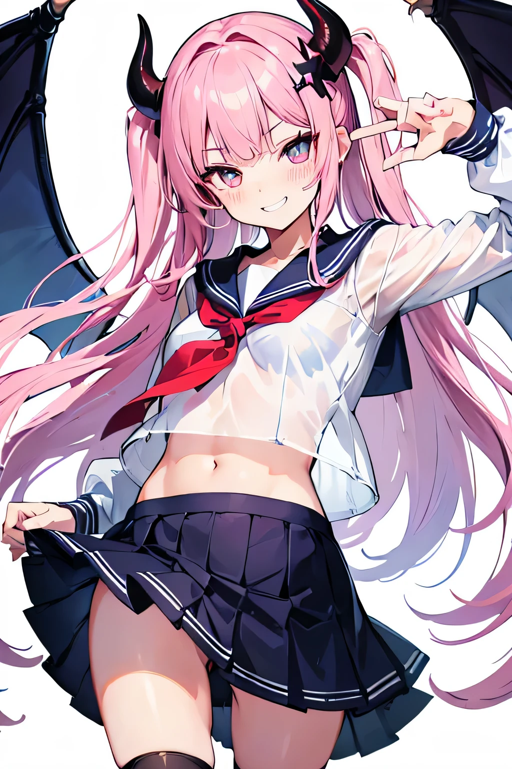 super detailed face, Draw the most beautiful eyes, Eyes are the most important, Skirt that flips up, summer clothes, navel exposed sailor suit, See-through sailor suit, wet clothes, Striped knee socks, blush, Confident laughter, Little devilish smile, solid color background, little devil horns