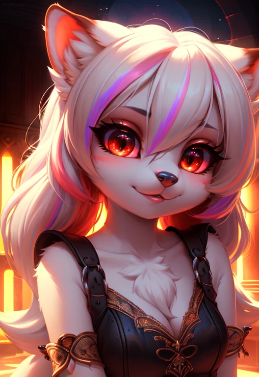 furry, white fur, ultra cute face,ultra long eyelashes, red elements on fur, glowing t-shrt, beautiful lights and shadows, ambient light, ultra detailed fur, ,neon highlights, chiaroscuro, masterpiece, epic, ultra HD, intricate