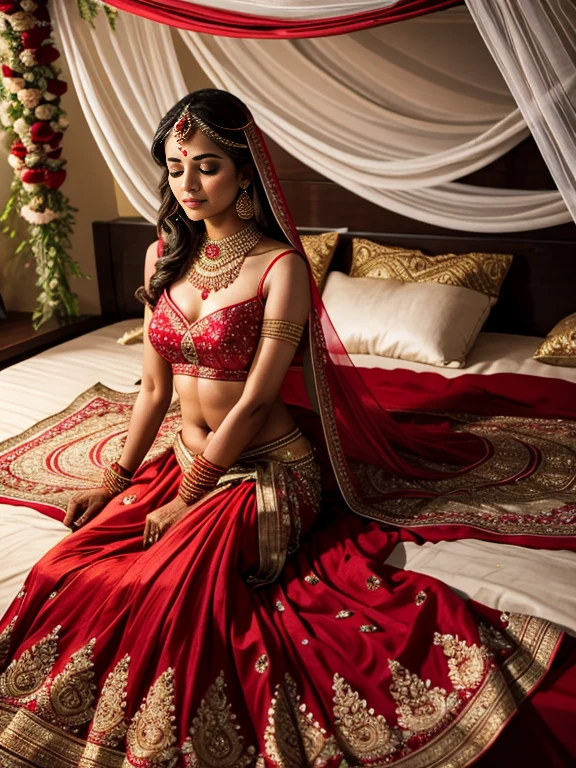 Realistic photography, beautiful nude Indian bride in red lehenga, sleeping on flowers bed, shuhagraat (Firstnight of marriage), flowers on bed, waiting for husband, 8K, high definition ,