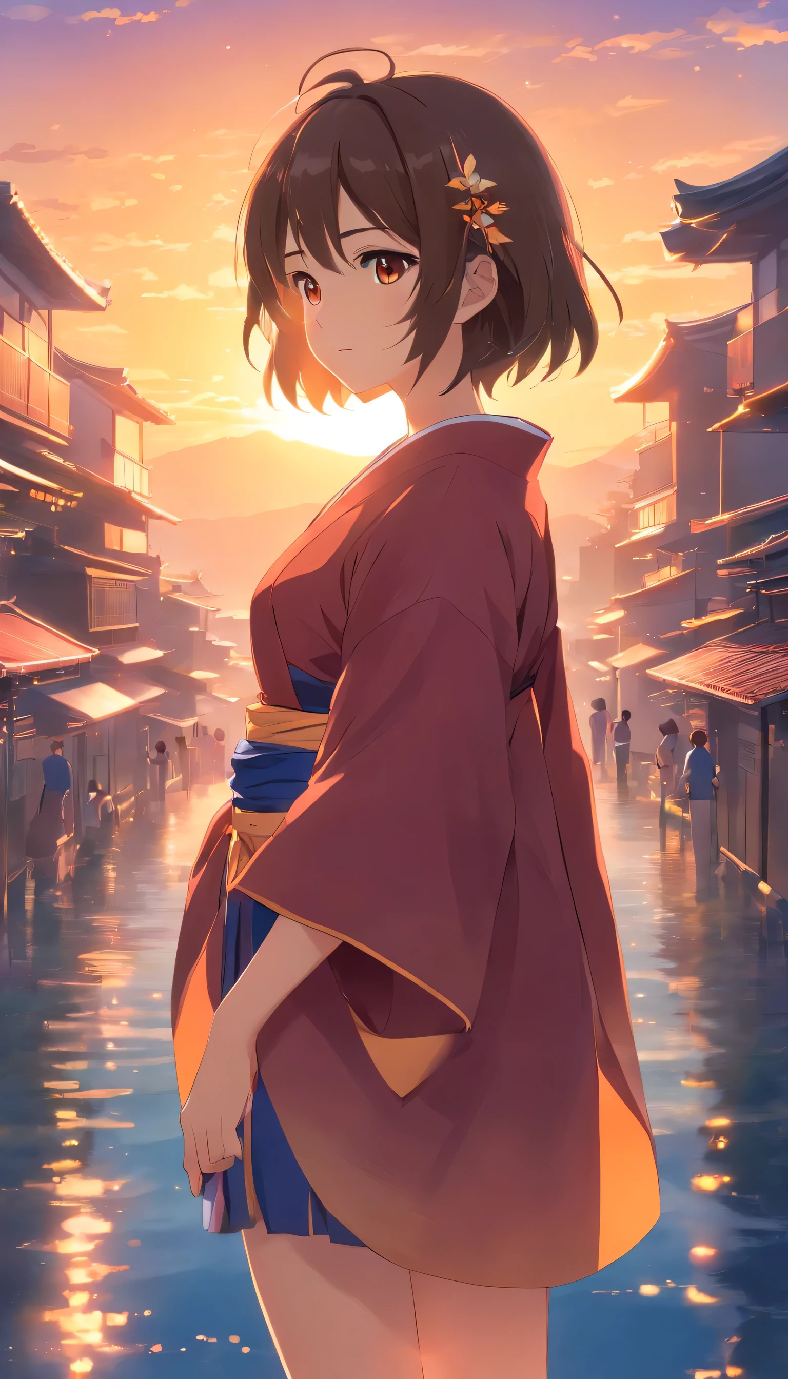 highest quality, Unity 8k wallpaper, 32k, masterpiece, super detailed, High resolution, movie stills,1 girl,cute, delicate features, short brown hair silk girl,brown eyes, realistic student, fine eyes, full body, Black and red kimono, platinum necklace, starry sky,brightly,shine,sunset,full bodyesbian,barefoot(spark of light:0.7)