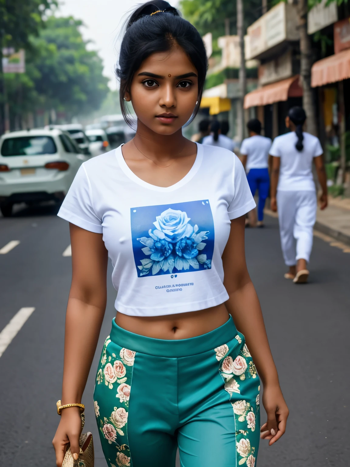 Tamil girl, detailed face, eyes symmetry, face symmetry, white t-shirt with printed blue roses, military green pants, shoes, ponytail, walking in the crowded road 