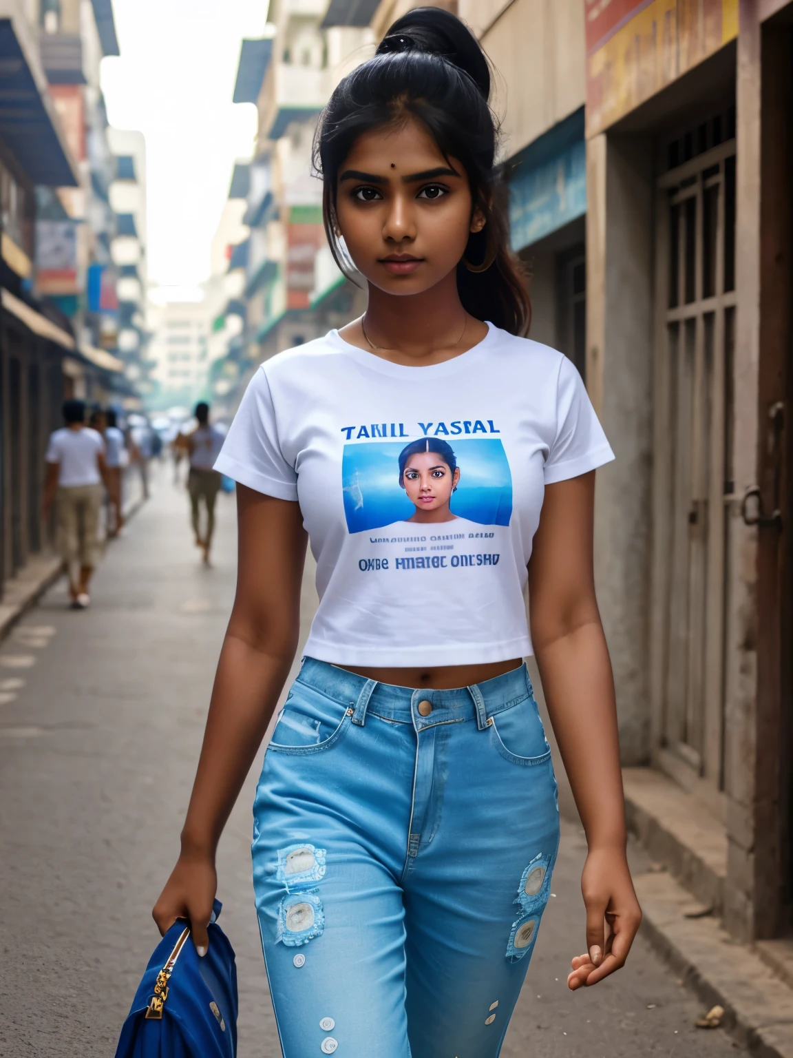 Tamil girl, detailed face, eyes symmetry, face symmetry, white t-shirt with printed blue roses, military pants, shoes, ponytail, walking in the crowded road