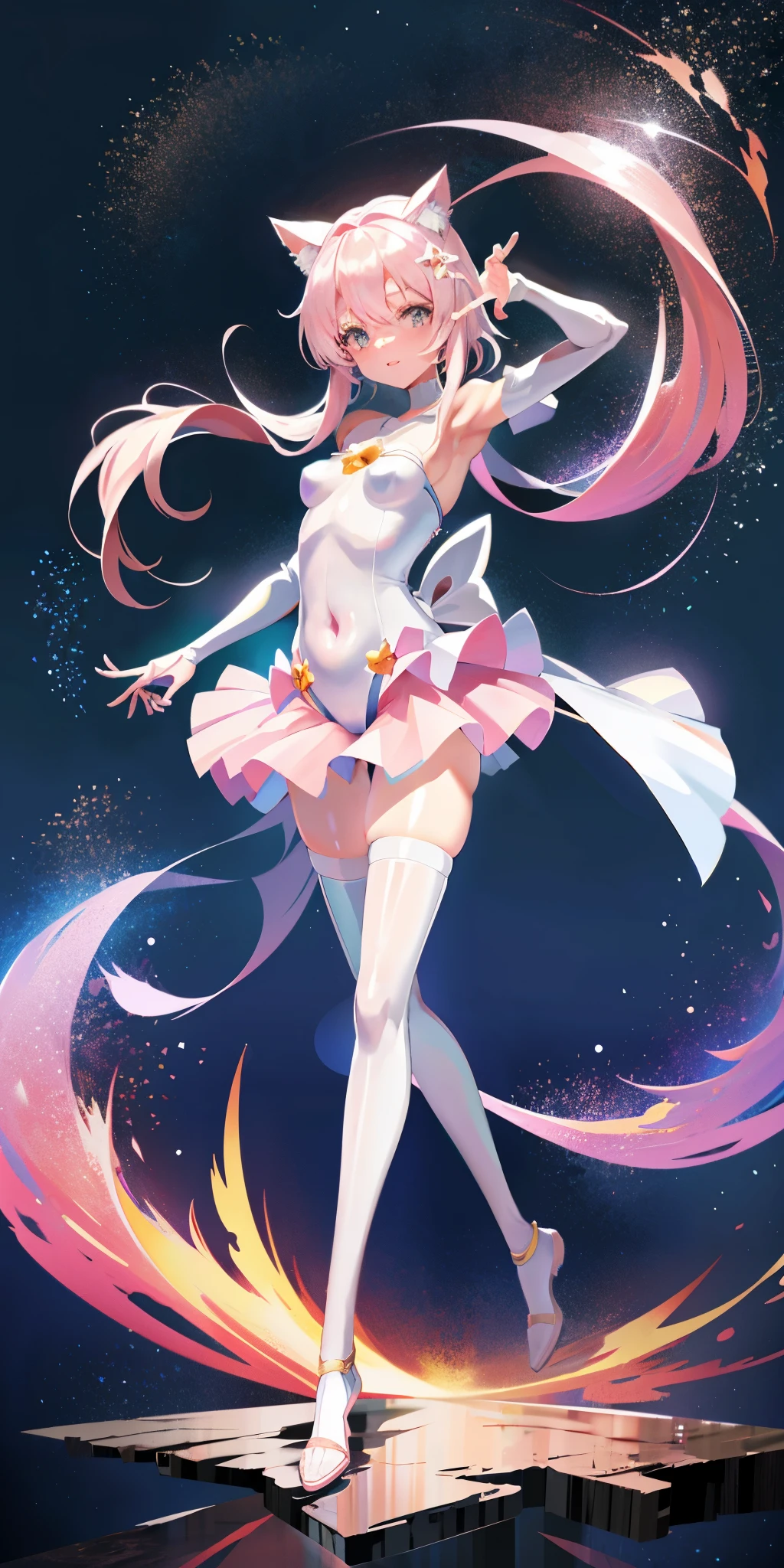 Anime star Magic Girl, sparkling Magic Girl, portrait of the Magic Girl, Beautiful celestial mage, Pale pink cherry blossoms，anime goddess, Bow decoration，Magic Girl, （Snow-white hair），（Two cat ears）, (colorful), whimsical, charming, small breasts，open navel，Bare thighs，camel toe，whole body