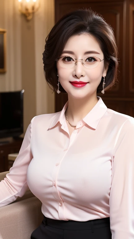((photograph))、((real photo))、mature adult woman、High resolution、((highest quality,8k,masterpiece))、((Full body shot 0.85)) facial portrait, gentle smile、 ((pink lipstick)), sensual, ((big breasts 1.8))Medium Hair, black hair, tied her hair in a bun, formal wear, ((white blouse)), Gray formal pants, Glasses, chubby woman,living room at home、
