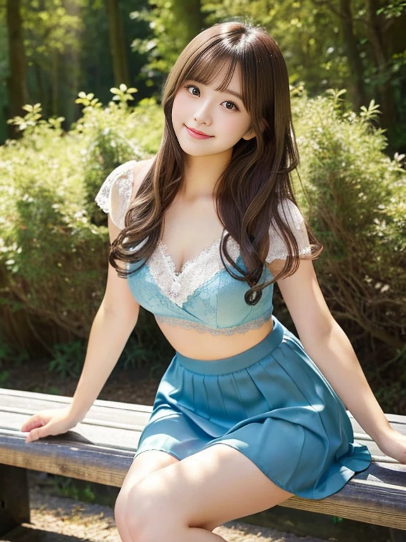 one woman、japanese woman、20-year-old beauty、professional lighting、medium long hair、brunette colored hair、brook in the forest、A sheer slip、Pastel blue lace underwear、mini skirt、High resolution、gentle expression、fascinating eyes、no makeup、Cute smile like an idol、loose lips、catch light、hair fluttering in the wind、rather large breasts、Beautiful legs extending from the skirt、legs crossed、Show from skirt to knee、Use a reflector to bring light to your face、sitting on the bench、look at camera