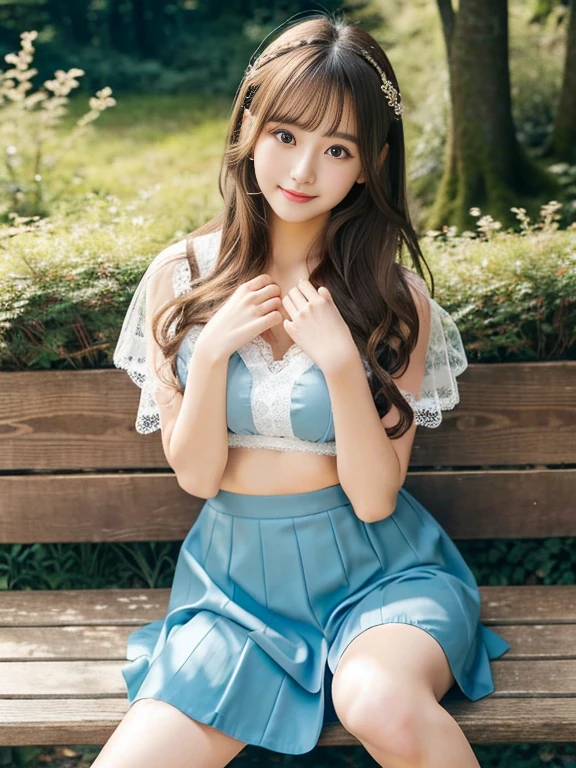 one woman、japanese woman、20-year-old beauty、professional lighting、medium long hair、brunette colored hair、brook in the forest、A sheer slip、Pastel blue lace underwear、mini skirt、High resolution、gentle expression、fascinating eyes、no makeup、Cute smile like an idol、loose lips、catch light、hair fluttering in the wind、rather large breasts、Beautiful legs extending from the skirt、legs crossed、Show from skirt to knee、Use a reflector to bring light to your face、sitting on the bench、look at camera