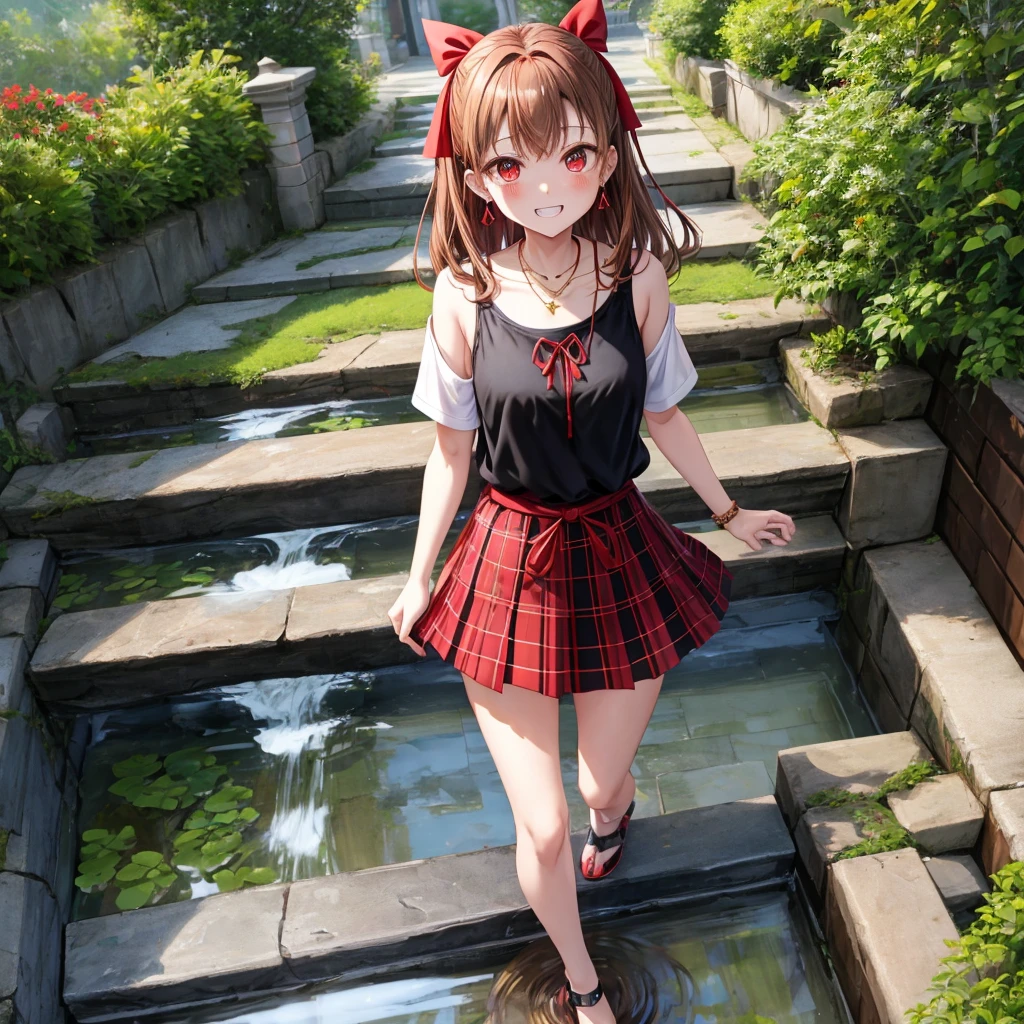 reddish-brown golden hair、red eyes、one good looking girl、solo、anime、plaid mini skirt、black camisole、black t-shirt、hoodie、wearing a ribbon、ribbon at waist、crystal earrings、Gemstone Necklace、Light and shadow、Tilting face、teeth are visible、pillar、evil looking face、Kuroko、Diamond dust、grassland、Water running down the stairs、overflowing、Ants are walking