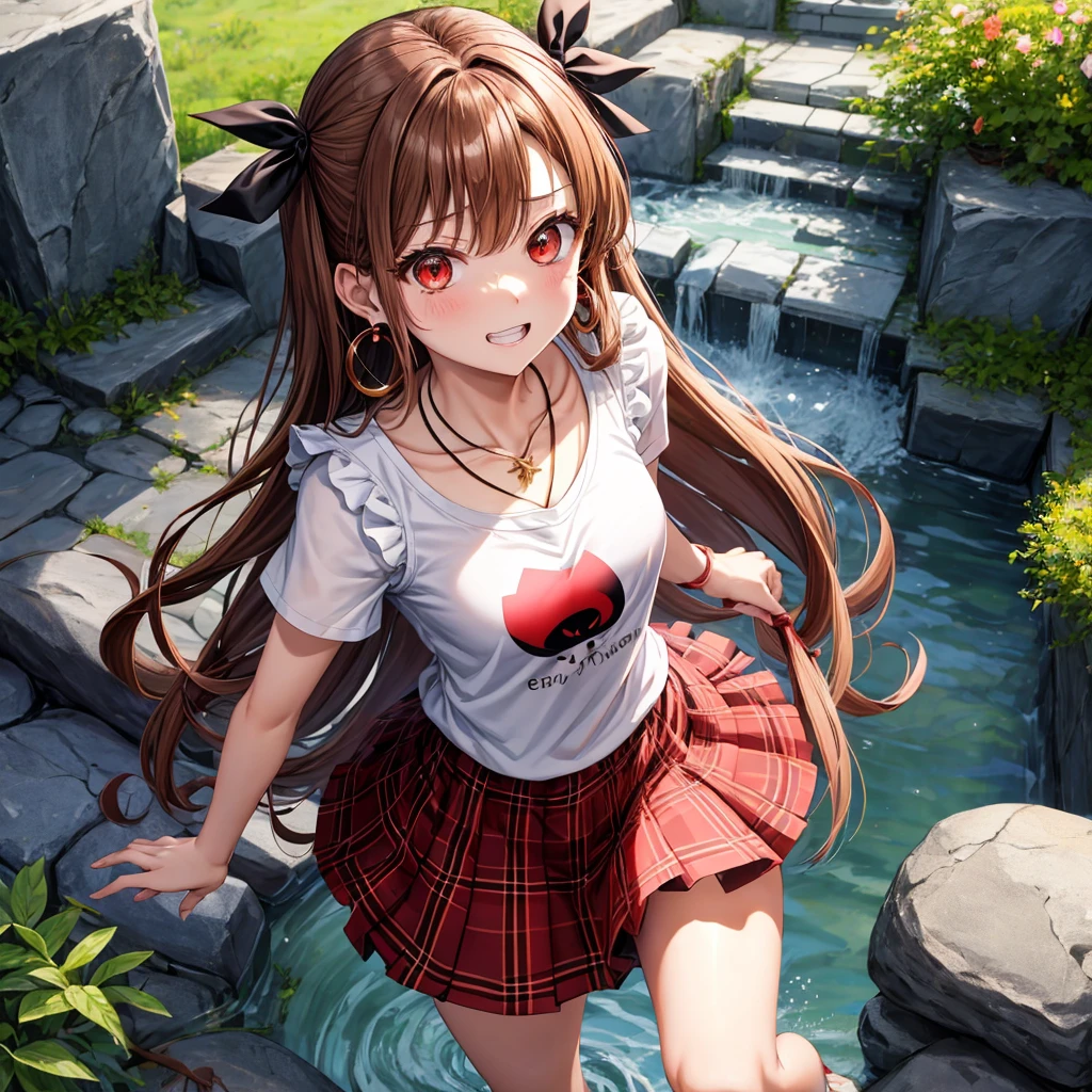 reddish-brown golden hair、red eyes、one good looking girl、solo、anime、plaid mini skirt、black camisole、black t-shirt、hoodie、wearing a ribbon、ribbon at waist、crystal earrings、Gemstone Necklace、Light and shadow、Tilting face、teeth are visible、pillar、evil looking face、Kuroko、Diamond dust、grassland、Water running down the stairs、overflowing、Ants are walking