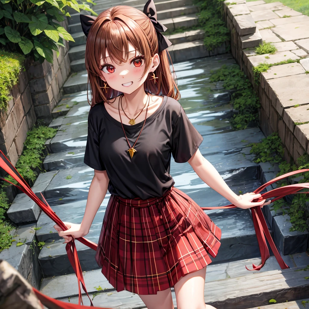 reddish-brown golden hair、red eyes、one good looking girl、solo、anime、plaid mini skirt、black camisole、black t-shirt、hoodie、wearing a ribbon、ribbon at waist、crystal earrings、Gemstone Necklace、Light and shadow、Tilting face、teeth are visible、pillar、evil looking face、Kuroko、Diamond dust、grassland、Water running down the stairs、overflowing、Ants are walking