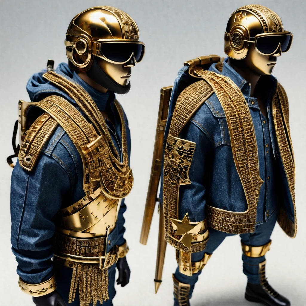 Brilliant Gold Diamond Maya Star（（Rosewood））Copper weapons, Burlap Cloak Mummy Hood Platinum Silk Cyberpunk Light Crossbow Space Station 1:60 miniature models, illustration, Side view, (Side view), Wear gold-rimmed reflective sunglasses, Carrying future weapons, very happy, Side view, whole body, 3d, (Black and white checkered glasses) octane rendering, perfect appearance, Collagen protein（（（denim）））