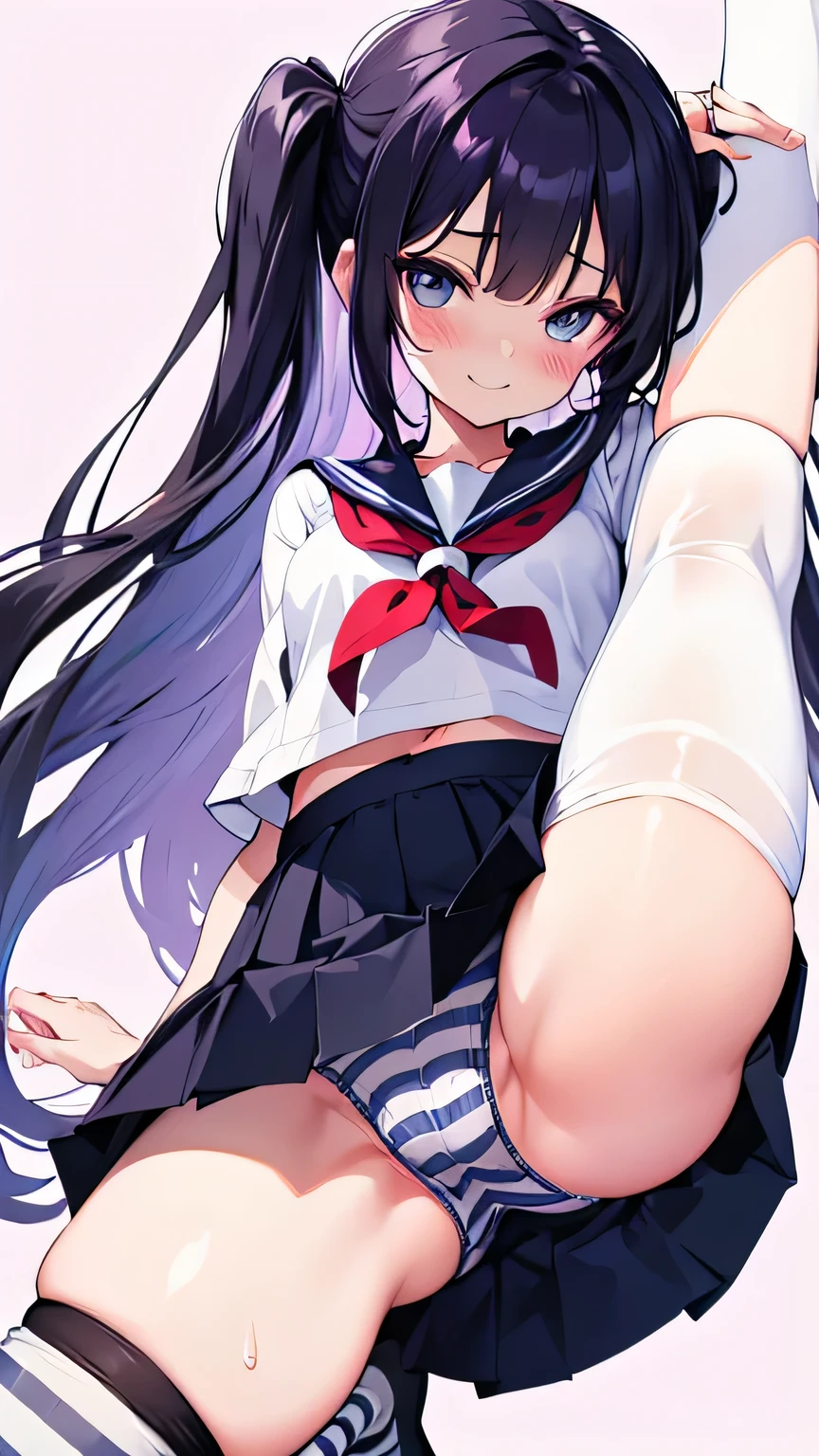 super detailed face, Draw the most beautiful eyes, Eyes are the most important, lift up the skirt, show panties, Pants with horizontal stripes, summer clothes, Sweaty sailor suit showing her midriff, knee socks, blush, Confident laughter, Little devilish smile, solid color background