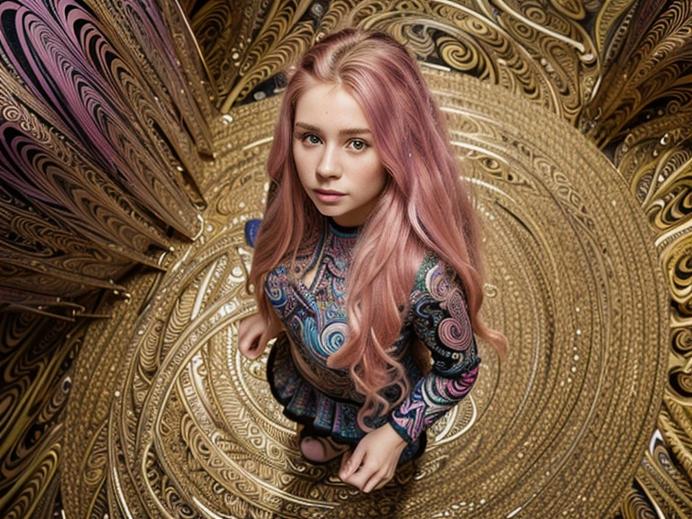 ((masterpiece:1.2, best quality)), ultra detailed, Ultra-precise depiction, Ultra-detailed depiction, (zentangle:1.2), (dynamic pose), (abstract background:1.5), wavy long hair, pink hair, 1girl, colorful, portrait, (from above:1.2)