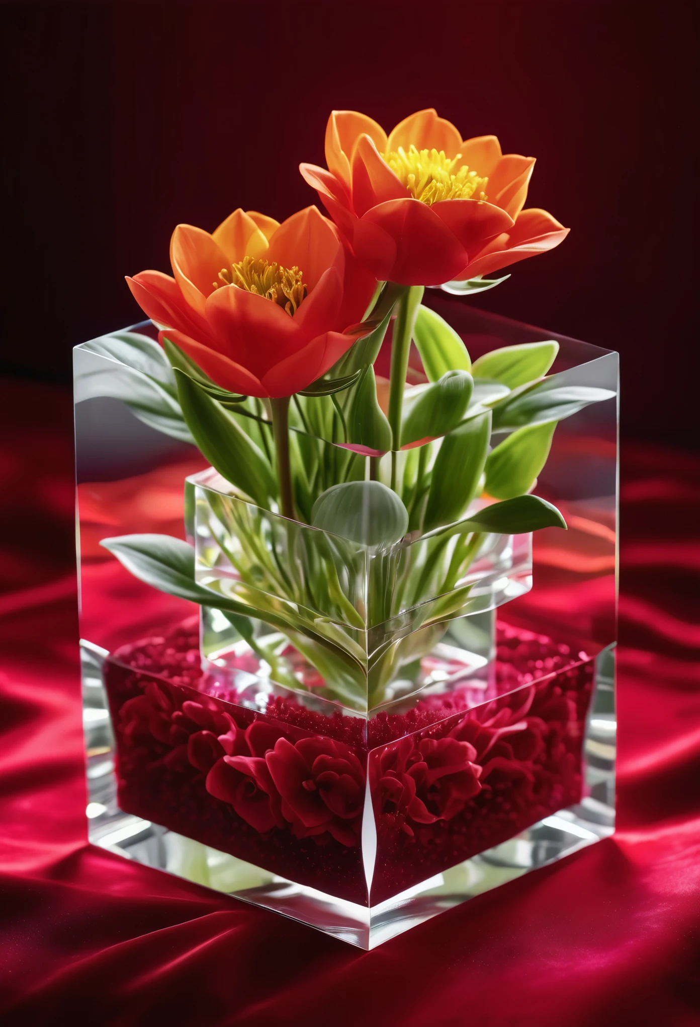 flower arrangement inside a crystal cube, glow effect, on red velvet, High detail, high contrast