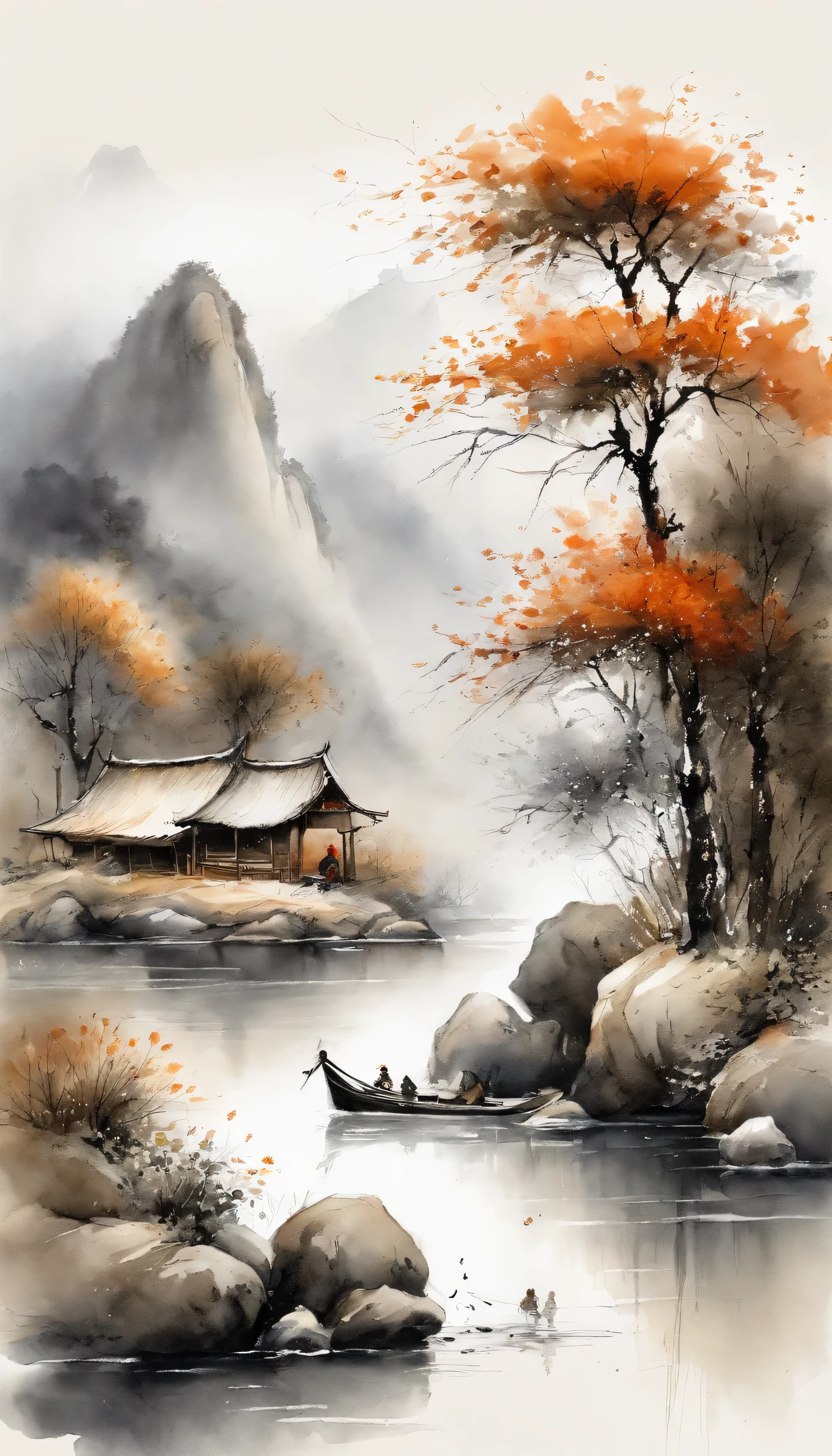 Chinese landscape painting,ink and watercolor painting,water ink,ink,soil,Vision,Super wide viewing angle,meticulous,Fishing boats with beautiful scenery,soil,low saturation,low contrast,Fishing alone in the cold river snow,snow scene,Beautifully depicted,detailed,accuracy,masterpiece,masterpiece