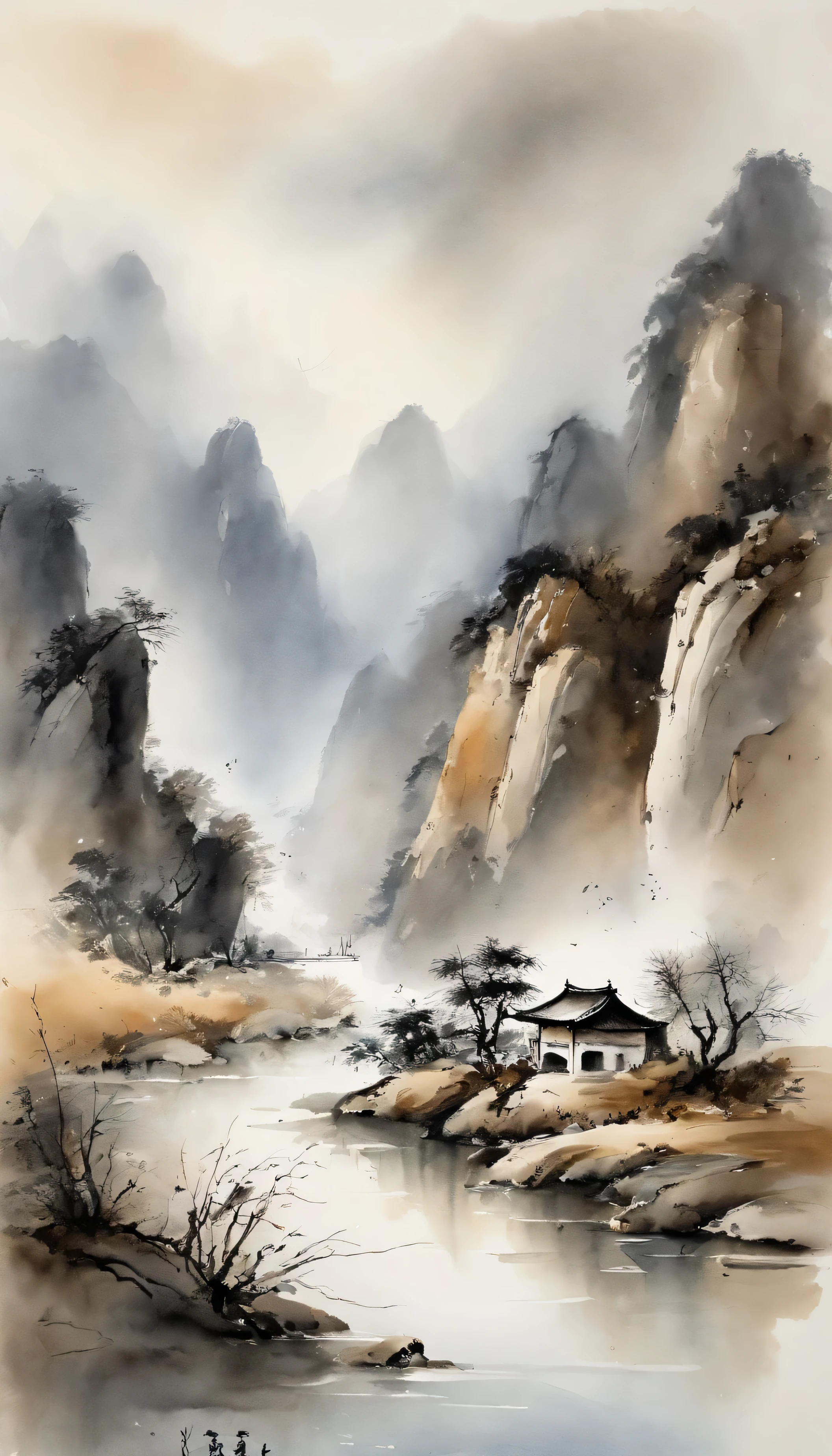 Chinese landscape painting,ink and watercolor painting,water ink,ink,soil,Vision,Super wide viewing angle,meticulous,Fishing boats with beautiful scenery,soil,low saturation,low contrast,Fishing alone in the cold river snow,snow scene,Beautifully depicted,detailed,accuracy,masterpiece,masterpiece