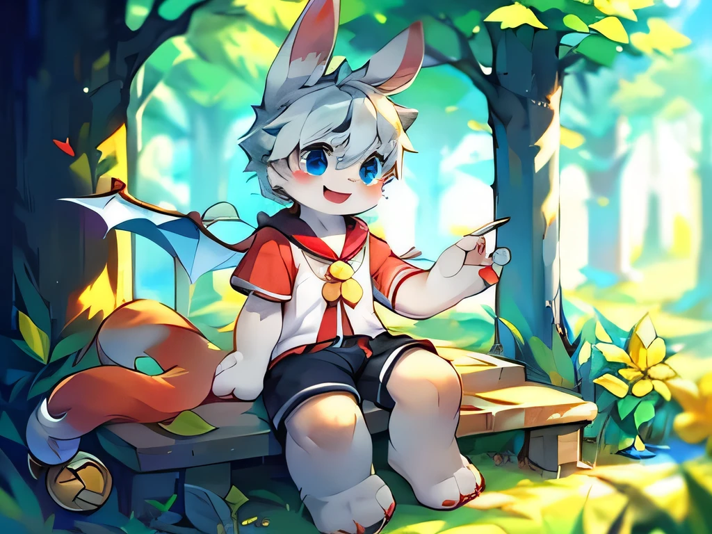 Bright Eyes, big eyes, panoramic, Character focus. (Detailed background: 0.9), alone, hairy, hairy male, male focus, (Full body fur, hairy big tail, white fur,, blue eyes, light gray hair: 1.2), (rabbit, juvenile, A couple of clothes: 1.2), (External, morning, Yueyang Lou,:), (Shy, Long tail, rabbit: 1.2), no wings, smooth rabbit ears, shorts, big ear, , (Smile,convex, : 1.5), Wide open mouth, hairy legs, hairy paws,one person,Perfect sunshine
