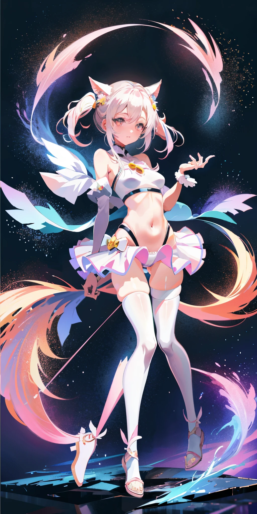 Anime star Magic Girl, sparkling Magic Girl, portrait of the Magic Girl, Beautiful celestial mage, Pale pink cherry blossoms,anime goddess, Bow decoration,Magic Girl, (Snow-white hair),(Two cat ears), (colorful), whimsical, charming, small breasts,open navel,Bare thighs,camel toe,whole body