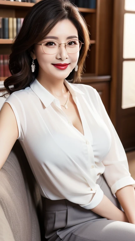 ((photograph))、((real photo))、mature adult woman、High resolution、((highest quality,8k,masterpiece))、((Full body shot 0.85)) facial portrait, gentle smile、 ((pale lipstick)), sensual, ((big breasts 1.8))Medium Hair, black hair, tied her hair in a bun, formal wear, ((white blouse)), Gray formal pants, Glasses, chubby woman,living room at home、
