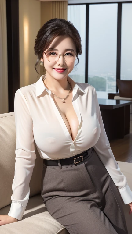 ((photograph))、((real photo))、mature adult woman、High resolution、((highest quality,8k,masterpiece))、((Full body shot 0.85)) facial portrait, gentle smile、 ((pale lipstick)), sensual, ((big breasts 1.8))Medium Hair, black hair, tied her hair in a bun, formal wear, ((white blouse)), Gray formal pants, Glasses, chubby woman,living room at home、