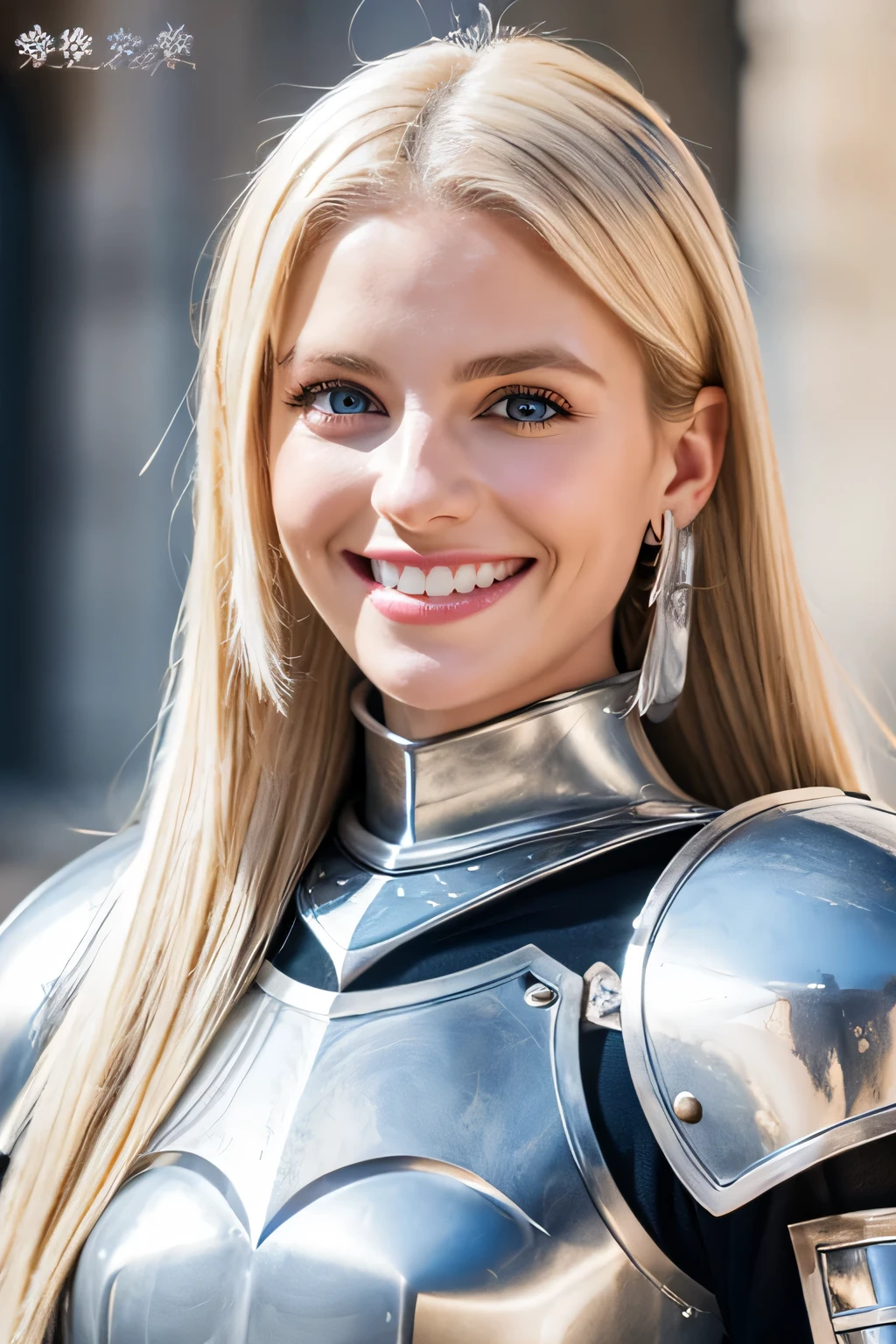 ８Ｋ、highest quality、female knight、The background is a castle、Luxurious Silver Armor、hairstyle shortcut、smile、beautiful teeth、full body photo、ear piercing、blonde、white woman、blue eyes、heavy makeup、Knight&#39;s helmet covering the head

