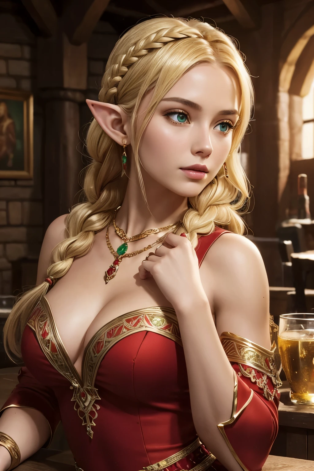 young woman, Textured skin, Anatomically correct, Super detail, High details, High quality, Best quality, A high resolution, dynamic pose, elf, richly decorated red closed dress with gold patterns, noble girl, wears jewelry, emerald necklace, a medieval tavern in the background, blonde hair braided in two braids,