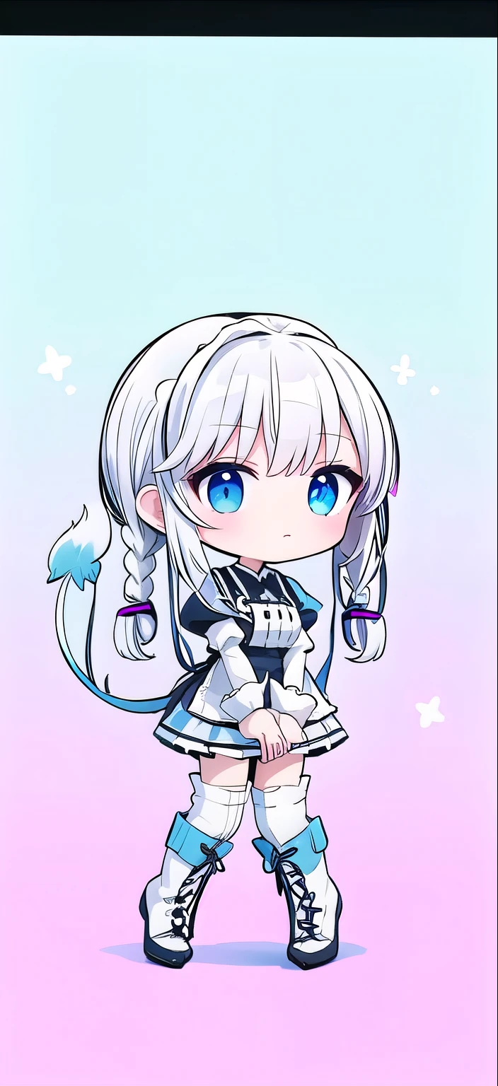 long white hair，maid outfit，white stockings，boots，Tail，braids，blue eyes