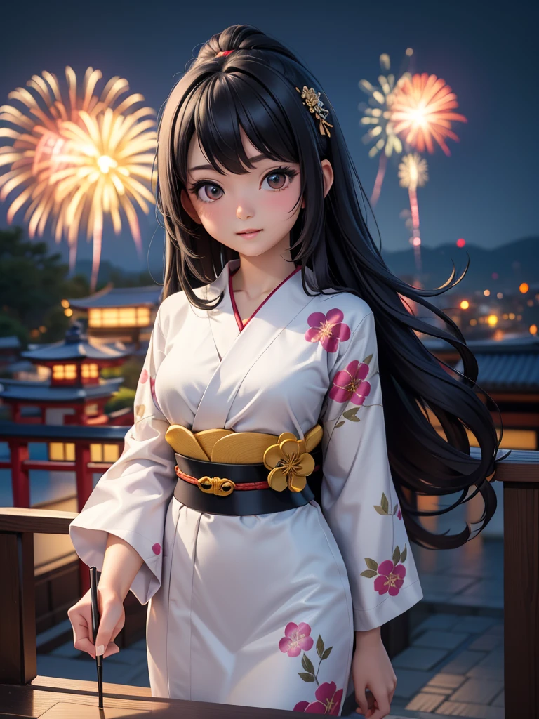 1 beautiful girl,8K,best quality,masterpiece(3 grams),Perfect body line,22 years old,university student,Japanese style yukata (best quality),God&#39;s throne,Very detailed background (Fireworks display, High quality,night),Izu Beauty,Japanese(quality best quality),beautiful lights,long hair (black hair,Nourishes hair)
