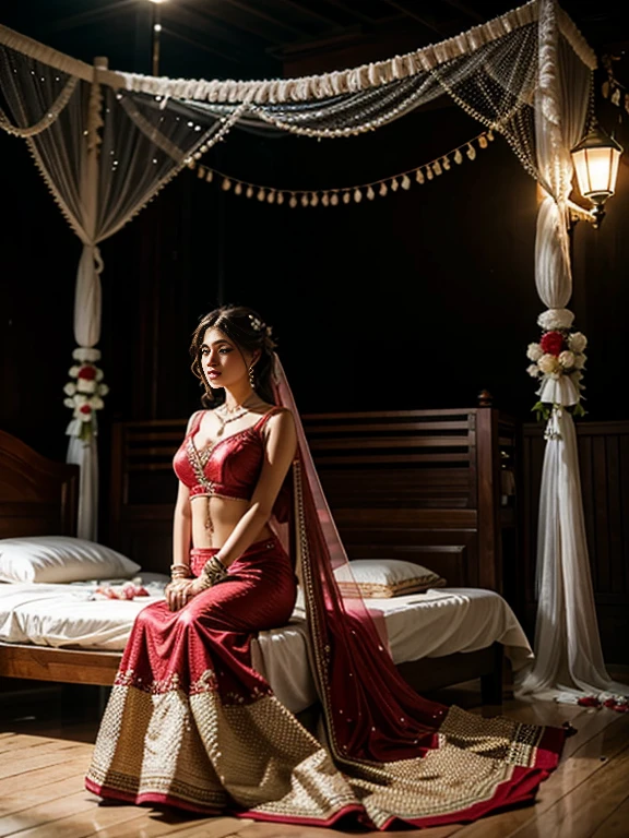 Realistic photography, beautiful nude Indian bride in red lehenga, sleeping on flowers bed, shuhagraat (Firstnight of marriage), flowers on bed, waiting for husband, 8K, high definition ,