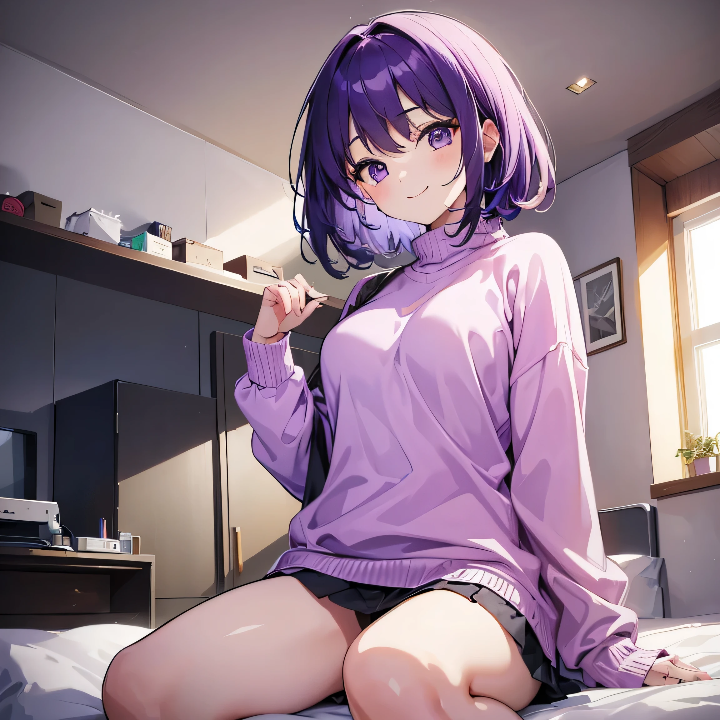 (T Masterpiece，4k wallpaper，best quality))、((girl１people))、(solo)、Shining and vivid，(purple hair)、(shortcut:1.3)、smile、Bedroom、sweater、morning