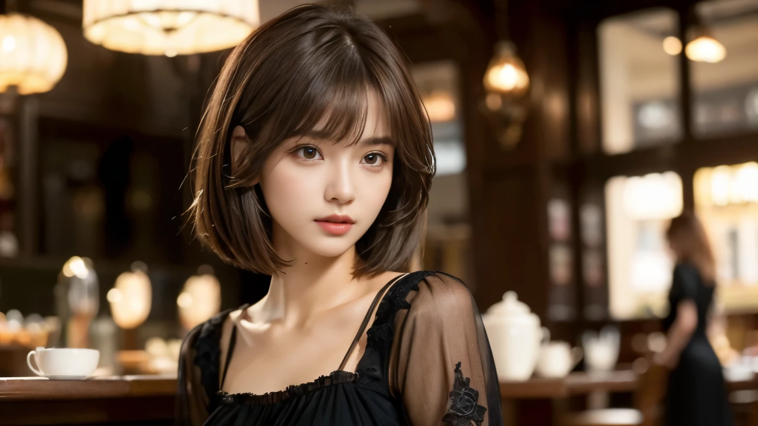 (masterpiece, super detailed, very detailed, exquisite, 16k, disorganized), woman, 19 years old, glamorous, (Suppin breeze:1.4), looking at the viewer, short hair, messy hair, diagonal bangs, brown hair, brown eyes, Upper body, cinematic lighting, Blurry background in focus, Inside a stylish cafe, Urban Cafe 