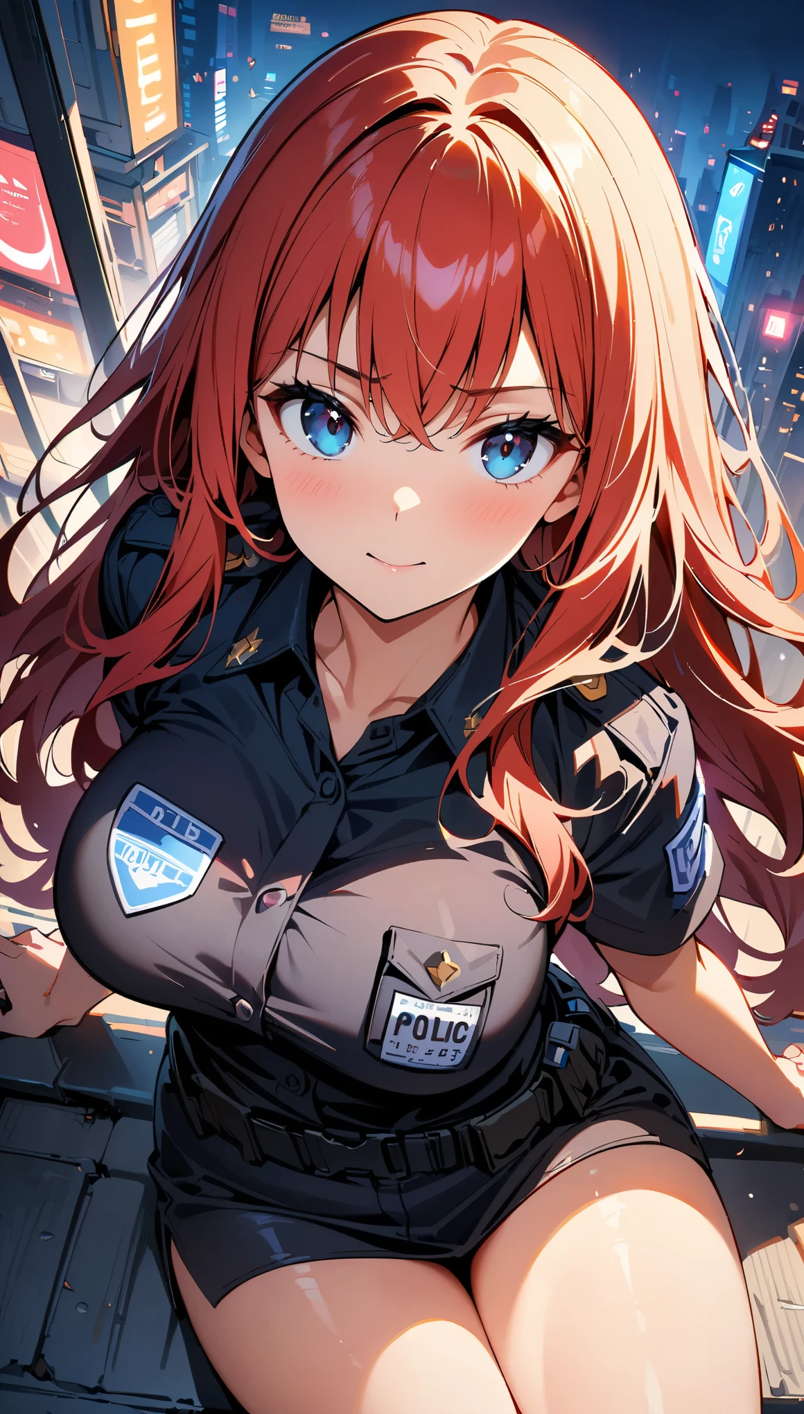 (high quality, 8k, 4k, high contrast, masterpiece:1.2, best quality, best aesthetics), (dynamic angle), Sexy female police officer, Detailed face and body, Beautiful breasts, confident look, (Red hair, long hair), Shiny black uniform, Tactical belt with equipment, Glossy Badges and Name Tags, composition from above, dynamic pose, sitting, dutch angle, Flashing police car lights against cityscape background,