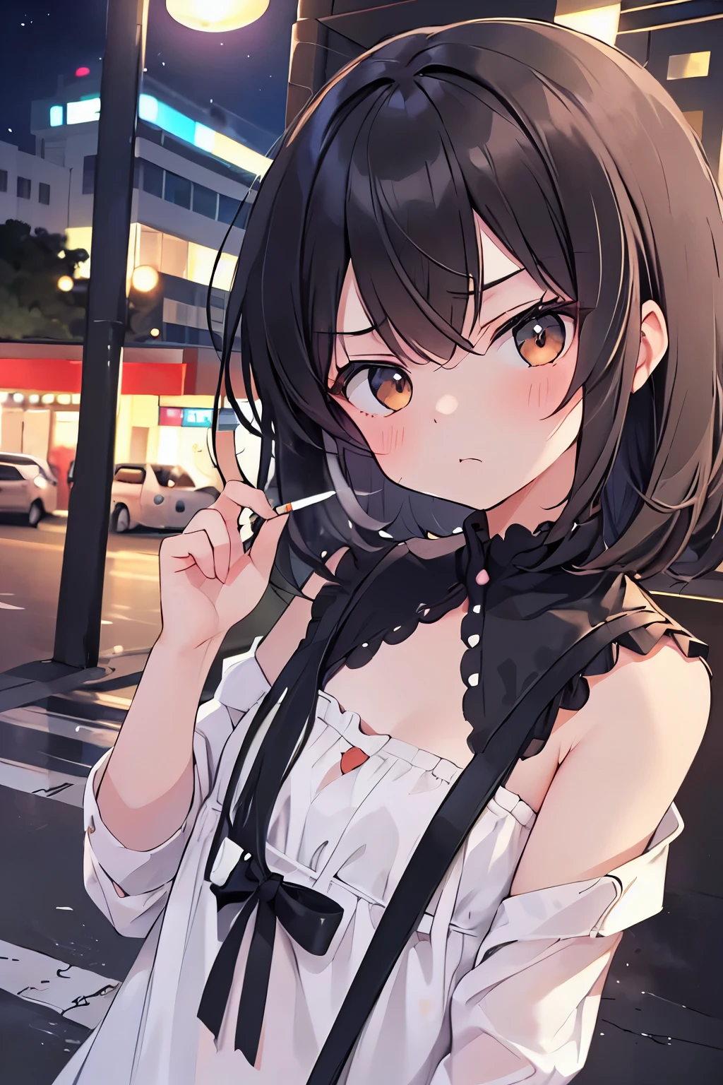 ((The highest masterpiece, the highest quality,, Super detailed, girl、NSFW)),（cigsmoker、smoking cigarette）、、, Small and cute:1.5, black hair、hairpin、medium hair、Black 、embarrassing、blush、cinematic angle、outdoor、anger、angry look、night view、Hotel,smoking cigarette