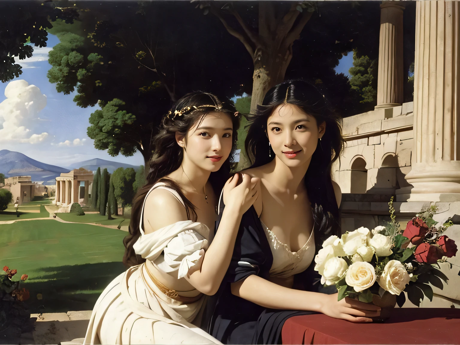 full body portrait or statue、Giorgione painting style,Arguments of two female Philosophe,math、astronomical machine、astronaut、roses in vase、fruits、Cute trinkets、smile、ancient greek costume、Ancient Roman landscape in the style of Nicolas Poussin,laughter,,Sweet and seductive appearance.、Caravaggio's paintings、Chiaroscuro of Caravaggio、hair tousled by the wind,Two women frolicking,cute smile, expression of ecstasy,Sexy,erotic