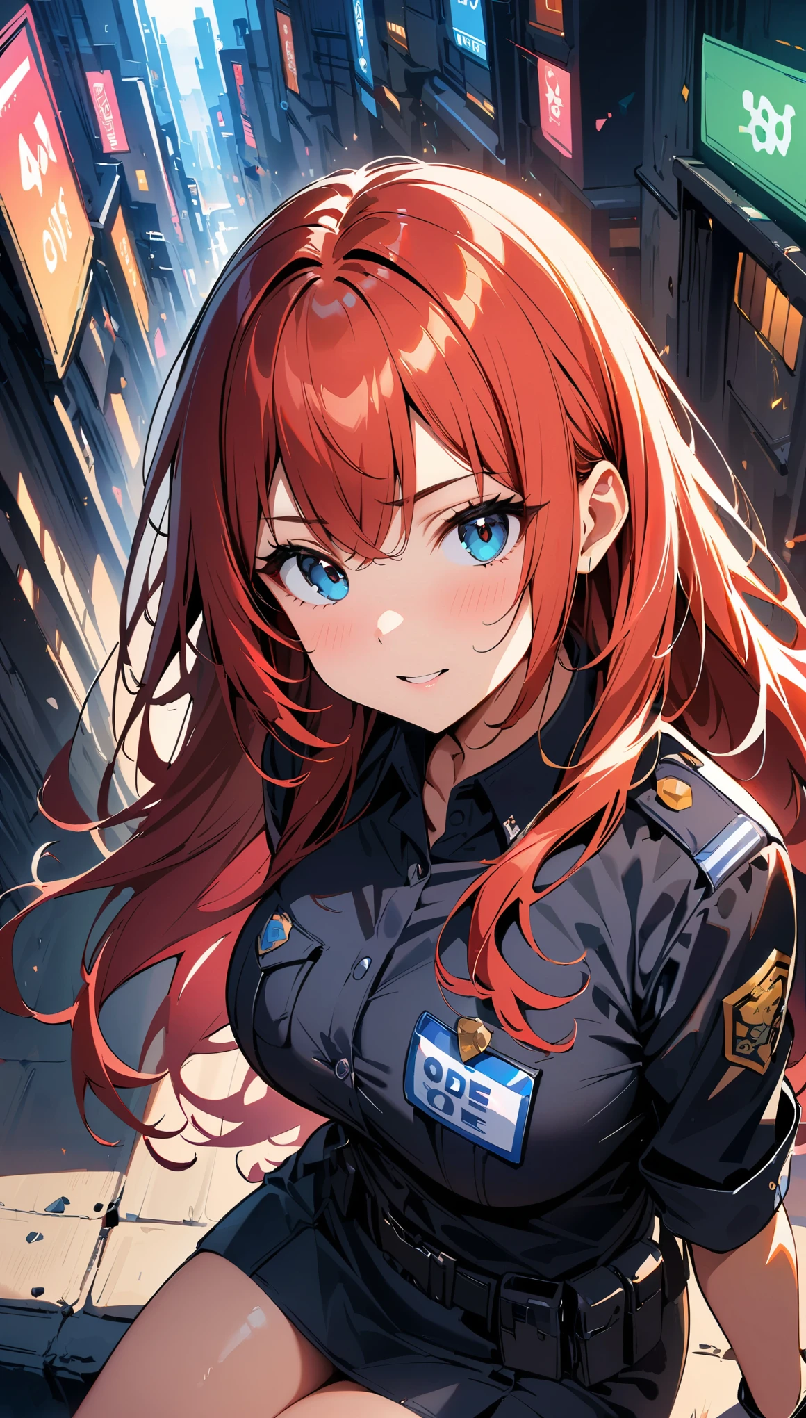 (high quality, 8k, 4k, high contrast, masterpiece:1.2, best quality, best aesthetics), (dynamic angle), Sexy female police officer, Detailed face and body, Beautiful breasts, confident look, (Red hair, long hair), Shiny black uniform, Tactical belt with equipment, Glossy Badges and Name Tags, composition from above, dynamic pose, sitting, dutch angle, Flashing police car lights against cityscape background,