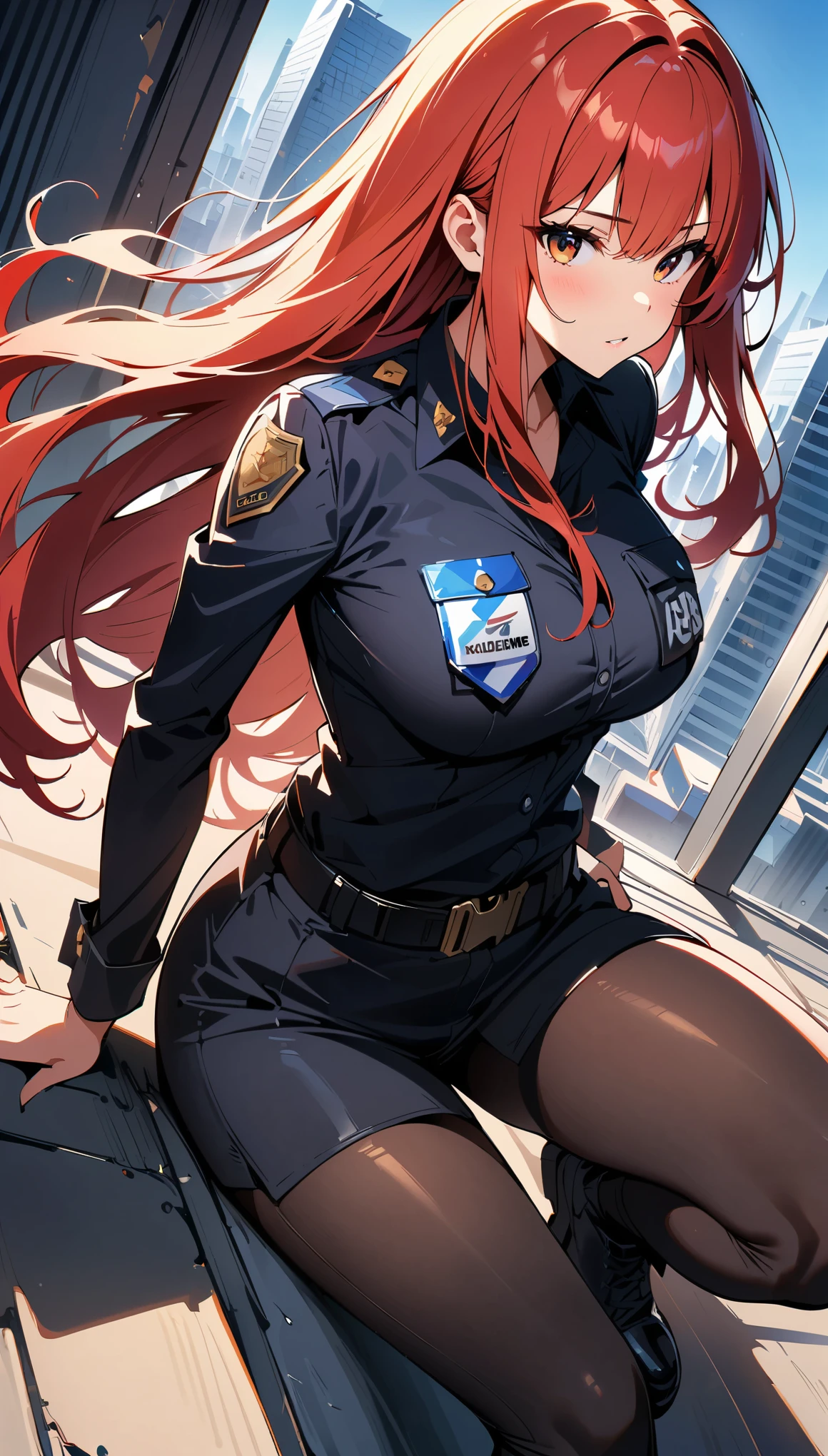 (high quality, 8k, 4k, high contrast, masterpiece:1.2, best quality, best aesthetics), (dynamic angle), Sexy female police officer, Detailed face and body, Beautiful breasts, confident look, (Red hair, long hair), Shiny black uniform, Tactical belt with equipment, Glossy Badges and Name Tags, composition from above, dynamic pose, sitting, dutch angle, Flashing police car lights against cityscape background,