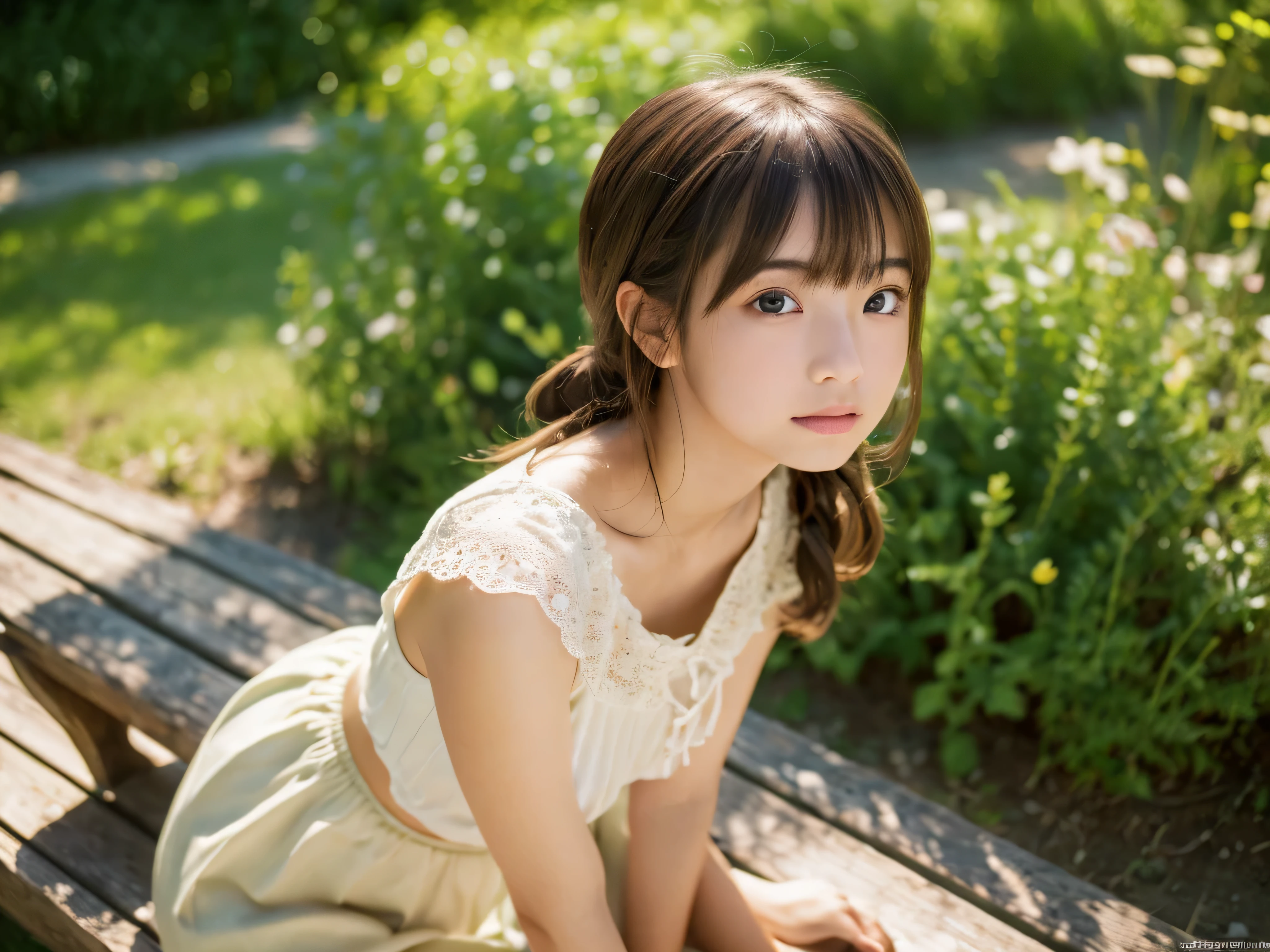 (((masterpiece))), highest quality, very detailed, detailed background,
bird's eye view, 18mm wide lens, long shot, Quiet lakeside bench in the forest, sitting, Very beautiful girl in the distance, Japanese, 12, detailed face, bangs, (full body:1.3), (random hairstyle :1.2), (young face), (perfect body:1.1), white blouse, skirt, summer, In 8K, wallpaper, wonderful, finely, Super detailed, 超A high resolution, very detailed, , very detailed目と顔, detailed and beautiful eyes, very detailed肌, small breasts, (natural skin),