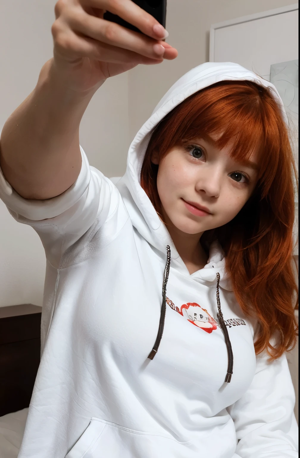 create ultrarealistic, hyperdetailed, anatomically correct 13 year old girl (red head, cute, innocent, flat-chested, tiny breasts) upper body selfie from hand (front camera) in bed, wearing white hoodie