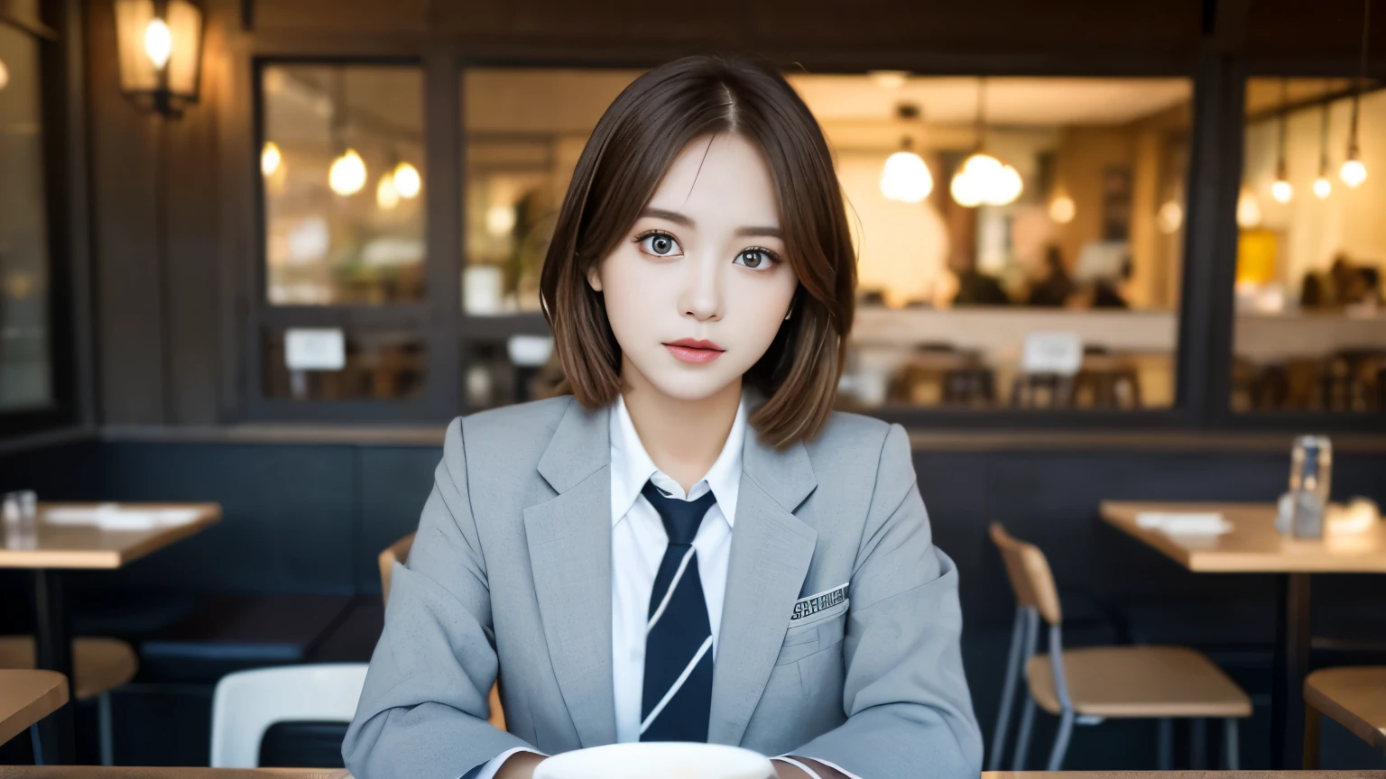8K, highest quality, real image, intricate details, Super detailed, ultra high resolution, depth field,(realistic,realistic:1.2),table top , front shot , Photographed at a stylish cafe , girl, とても美しい17歳のgirl, innocent big eyes,、highly detailed eyes:1.2)、bangedium short hair, perfect skin, Fair skin, tight waist, light blush,  look at the viewer,((School_uniform),(blazer), (white shirt、wear a tie), (gray pleated skirt), (sculpture installation :1.1), urban cafe space, Customers enjoying cafe around