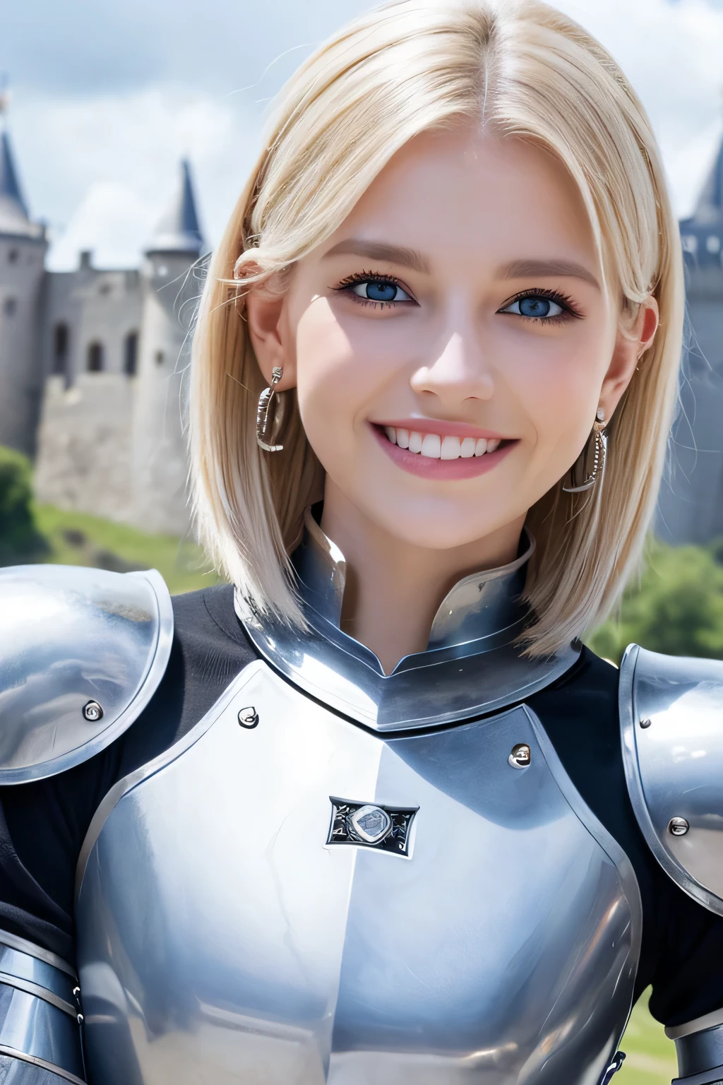 ８Ｋ、highest quality、female knight、The background is a castle、Luxurious Silver Armor、hairstyle short cut、smile、beautiful teeth、full body photo、ear piercing、blonde、white woman、blue eyes、heavy makeup、The background is a cloudy sky、mouth half open

