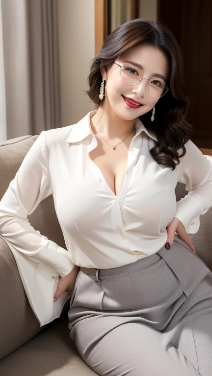 ((photograph))、((real photo))、mature adult woman、High resolution、((highest quality,8k,masterpiece))、((Full body shot 0.85)) facial portrait, gentle smile、 ((pale lipstick)), sensual, ((Very big breasts 2.3))Medium Hair, black hair, tied her hair in a bun, formal wear, ((white blouse)), gray tight skirt, Glasses, chubby woman,living room at home、
