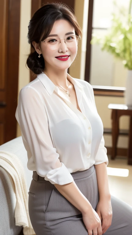((photograph))、((real photo))、mature adult woman、High resolution、((highest quality,8k,masterpiece))、((Full body shot 0.85)) facial portrait, gentle smile、 ((pale lipstick)), sensual, ((big breasts 1.8))Medium Hair, black hair, tied her hair in a bun, formal wear, ((white blouse)), Gray formal pants, Glasses, chubby woman,living room at home、