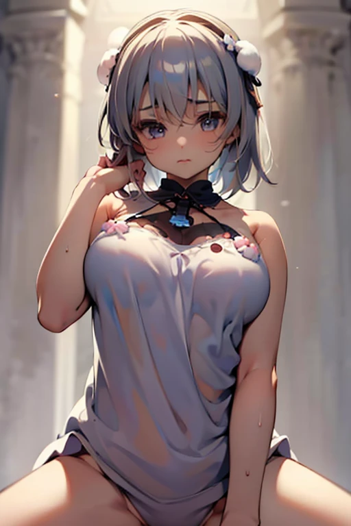 1girl,solo,retina,masterpiece, Awards, high quality, High resolution, HD, 4K,8K,high quality, rough skin,breast focus,(large breasts:1.3),faint smile,oily skin,underside of breasts,(mochi shaped breasts:1.2),(closeup upperbody:1.5),white clothe,baby face,(short height,petite:1.4),camisole,(Symmetric posing:1.3),(mochi shaped breasts:1.2),breasts roundness,stradding