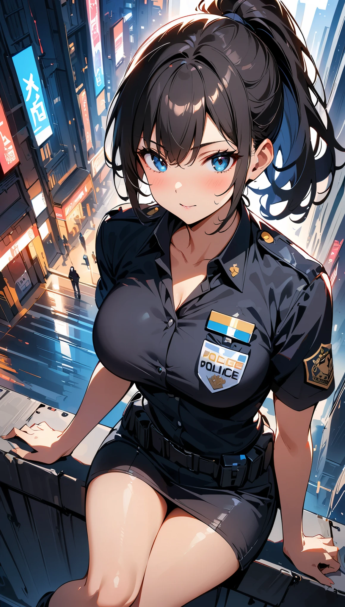 (high quality, 8k, 4k, high contrast, masterpiece:1.2, best quality, best aesthetics), (dynamic angle), Sexy female police officer, Detailed face and body, Beautiful breasts, confident look, (black hair, ponytail), Shiny black uniform, Tactical belt with equipment, Glossy Badges and Name Tags, composition from above, dynamic pose, sitting, dutch angle, Flashing police car lights against cityscape background,