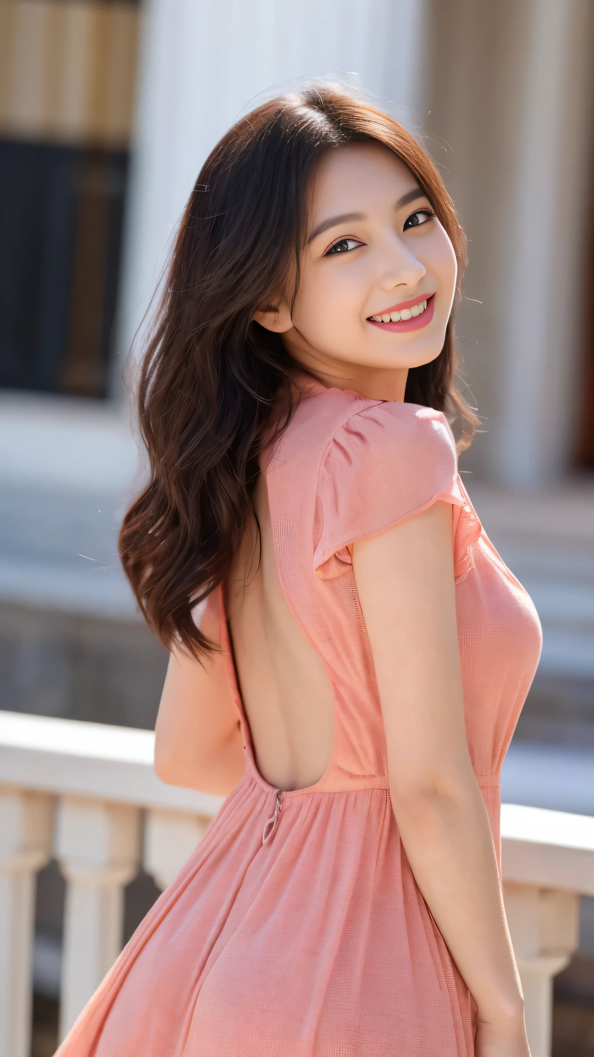 (highest quality, 16K, masterpiece: 1.3), (movie actress:1.4),beautiful woman with perfect figure: 1.2, (Nationality: British:1.3), wearing a pendant, strapless、elegant long dress、(very affectionate smile:1.2)、 highly detailed face and skin, fine eyes, double eyelid, ((full body shot:1.3))、(arms behind back:1.5)