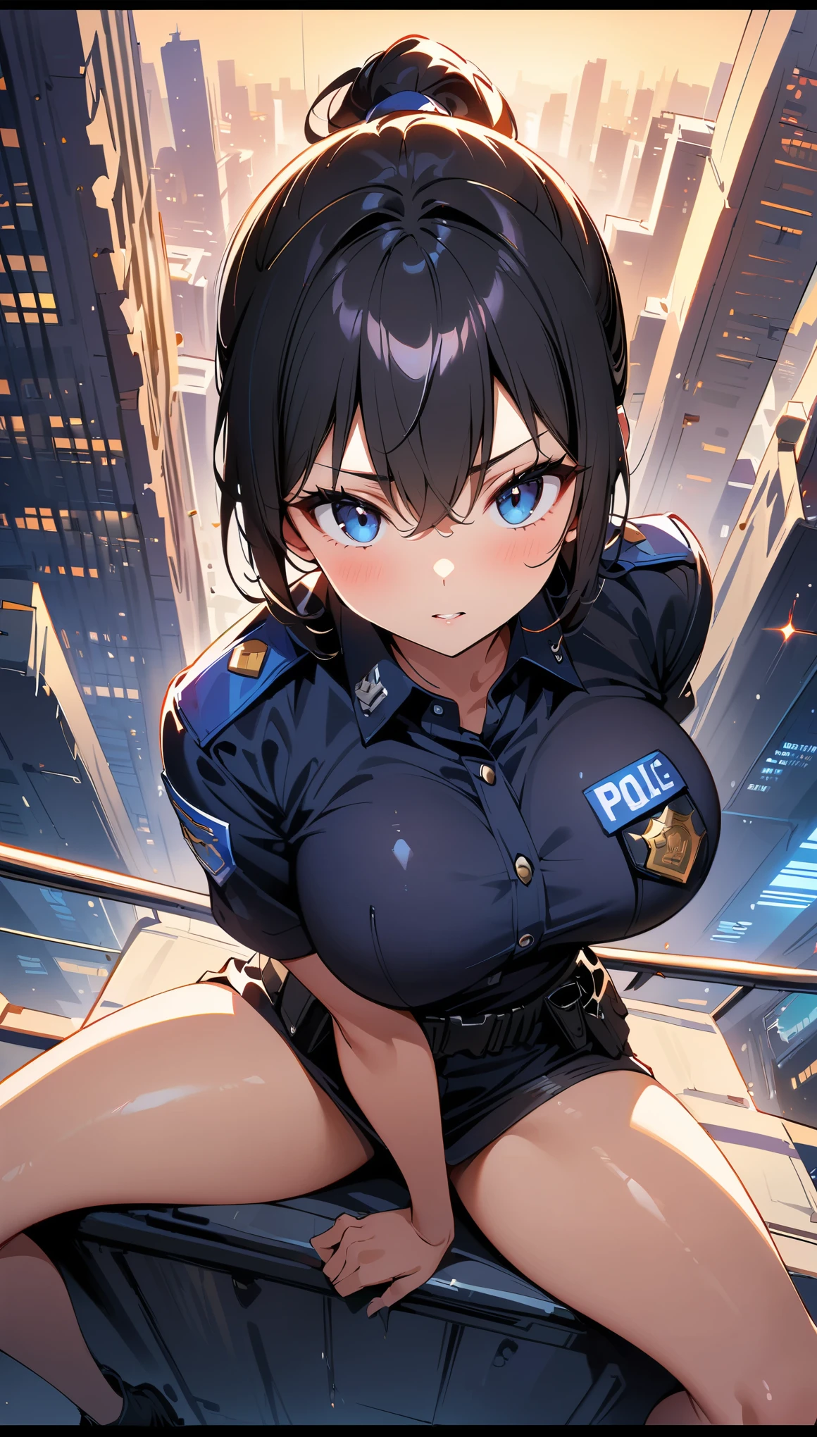 (high quality, 8k, 4k, high contrast, masterpiece:1.2, best quality, best aesthetics), (dynamic angle), Sexy female police officer, Detailed face and body, Beautiful breasts, confident look, (black hair, ponytail), Shiny black uniform, Tactical belt with equipment, Glossy Badges and Name Tags, composition from above, dynamic pose, sitting, dutch angle, Flashing police car lights against cityscape background,