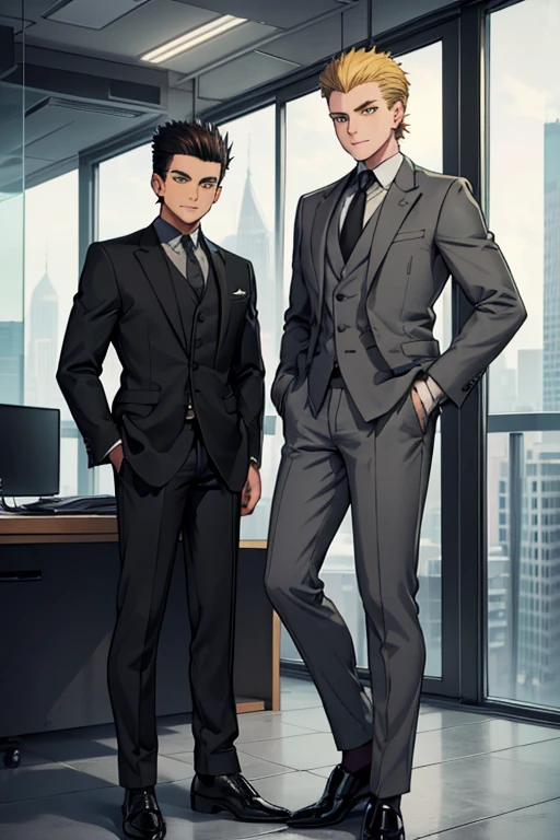 male, black spiky hair with yellow highlights, green eyes, (((1boy))), (((grey business suit jacket))), (black shirt), (brown pants), (black dress shoes), handsome, long legs, smiling