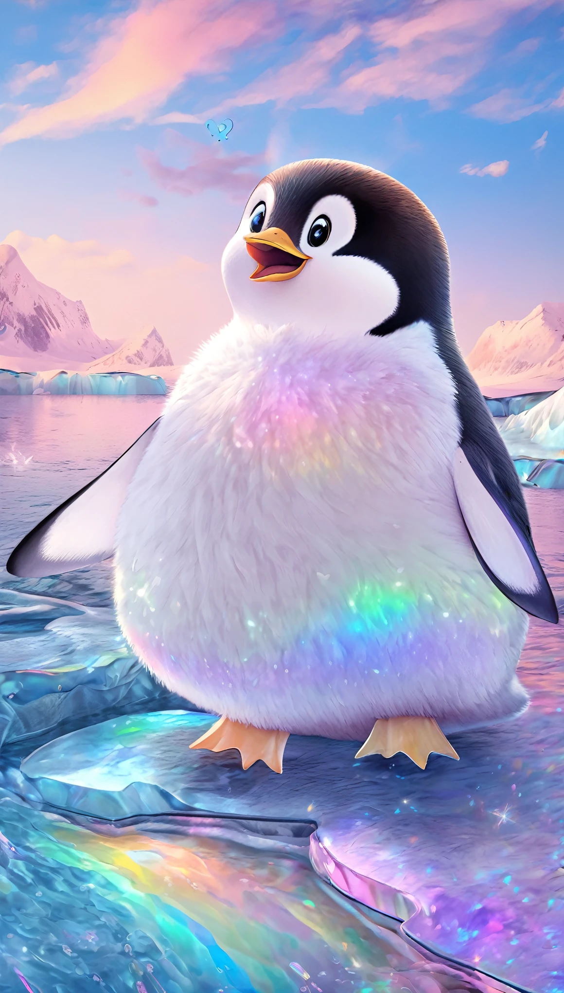 super deformed, furry, funny, best quality, super fine, 16k, white fluffy cute Penguin, big surprised expression, cute pose, on drift ice, fantasy world image, fantastic and mysterious, variety of visual styles that combine various artistic elements like a sparkling iridescent pastel and vivid colors